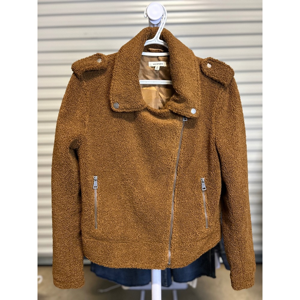 Max Studio Women M Brown Teddy Moto Sherpa Faux Fur Jacket Asymmetrical Zip